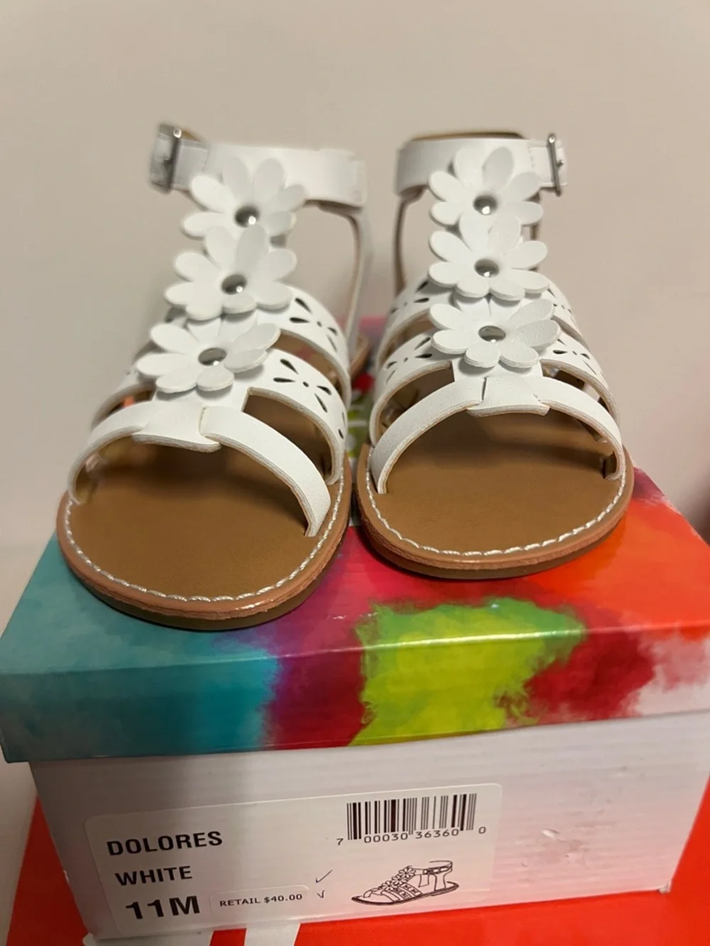 Rachel Shoes White Girls' Floral T-Strap Sandals Size 11
